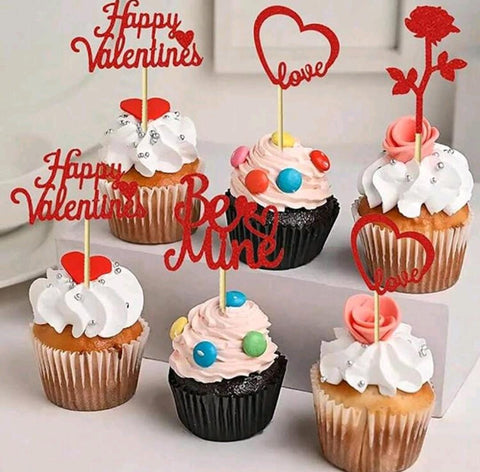 24pcs Valentine's Day Red Glitter Cupcake Toppers Heart Rose Be Mine