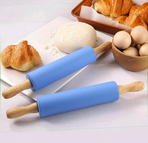 Silicone Rolling Pin Non-stick Dough Roller with Wooden Handle