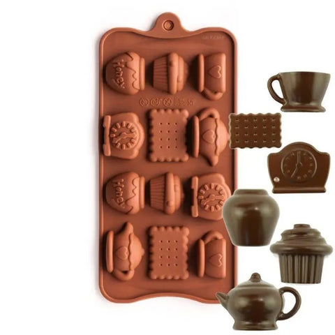 12 Teapot Cup Clock Shape Silicone Chocolate Mold, Nonstick & Reusable