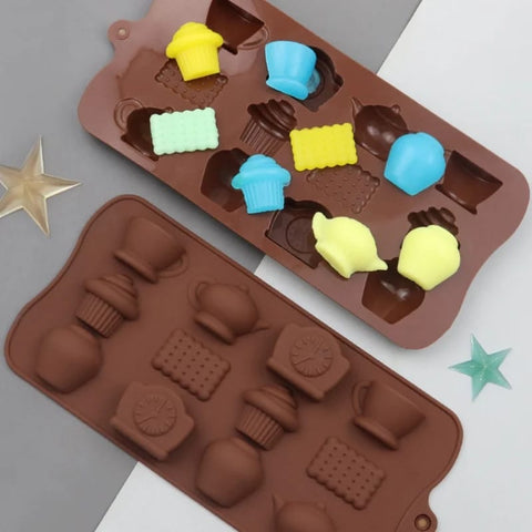 12 Teapot Cup Clock Shape Silicone Chocolate Mold, Nonstick & Reusable