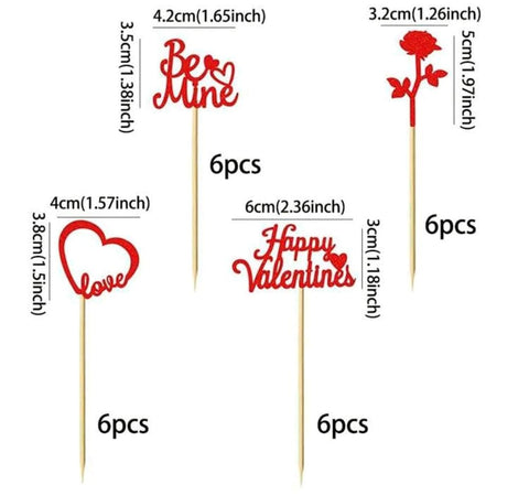 24pcs Valentine's Day Red Glitter Cupcake Toppers Heart Rose Be Mine