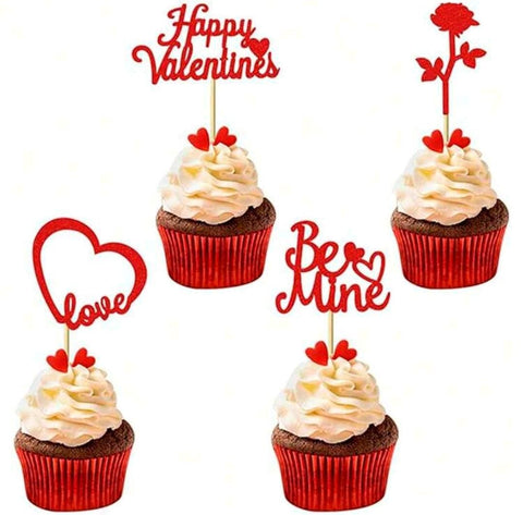 24pcs Valentine's Day Red Glitter Cupcake Toppers Heart Rose Be Mine