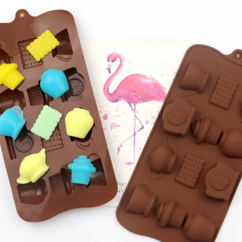 12 Teapot Cup Clock Shape Silicone Chocolate Mold, Nonstick & Reusable
