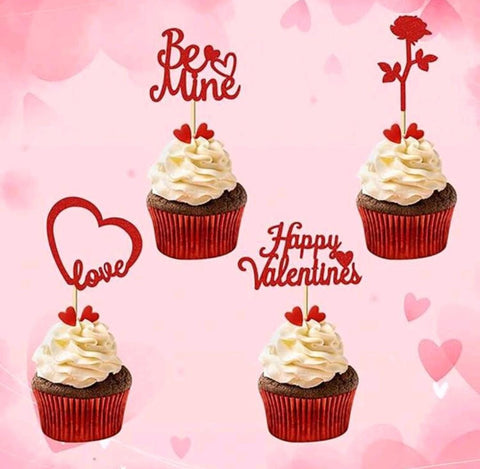 24pcs Valentine's Day Red Glitter Cupcake Toppers Heart Rose Be Mine
