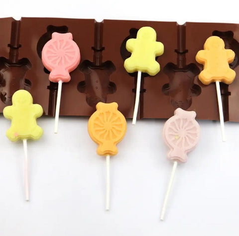 6 Hole Cute Gingerbread Man Candy Silicone Lollipop Mold - Food Grade Chocolate Molds DIY Cake Pastry Decor Baking Tools