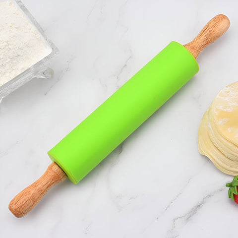 Silicone Rolling Pin Non-stick Dough Roller with Wooden Handle