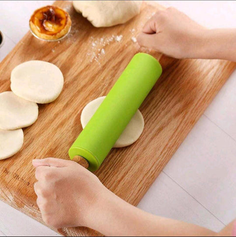 Silicone Rolling Pin Non-stick Dough Roller with Wooden Handle