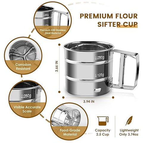 Flour Sifter, Stainless Steel, Fine Mesh, Ergonomic Design