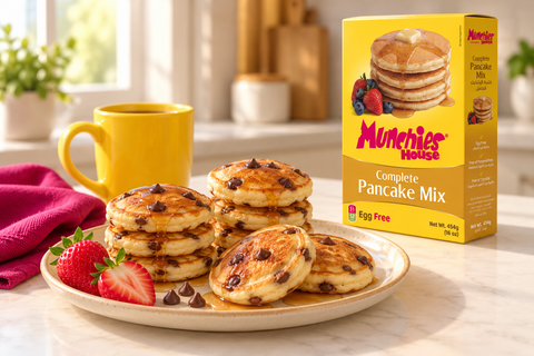 Mini chocolate-chip pancakes with strawberries beside the current Munchies House 454g pancake mix box