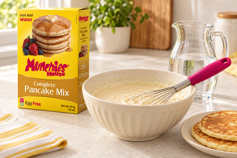 Current Munchies House Complete Pancake Mix 454g box beside a mixing bowl, whisk and water jug