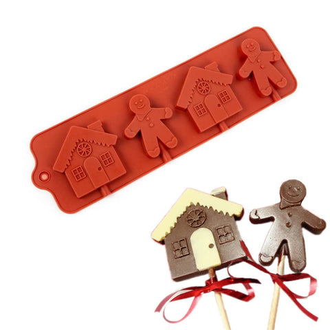 4 Hole Gingerbread Man & House Candy Silicone Lollipop Mold - Food Grade Chocolate Molds DIY Cake Pastry Decor Baking Tools