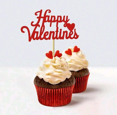 24pcs Valentine's Day Red Glitter Cupcake Toppers Heart Rose Be Mine