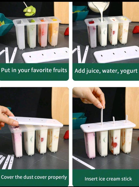 4 Cavity Ice Cream Mold Popsicle Maker Fruit Juice Dessert Freezer with Cover Sticks
