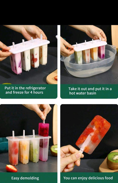 4 Cavity Ice Cream Mold Popsicle Maker Fruit Juice Dessert Freezer with Cover Sticks