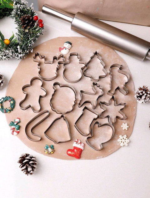 12pcs Fun Shaped Christmas Theme Cookie Cutter Set,Household Stainless Steel Candy Molds