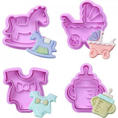4pcs Baby Toys 3D Baby Stroller Trojen Horse Bootle Shape Cookie Mold Biscuit Stamp Gift Toast Mold Fondant Decorating Tools