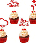24pcs Valentine's Day Red Glitter Cupcake Toppers Heart Rose Be Mine