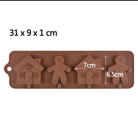4 Hole Gingerbread Man & House Candy Silicone Lollipop Mold - Food Grade Chocolate Molds DIY Cake Pastry Decor Baking Tools