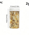 Gold foil flakes jar on white background