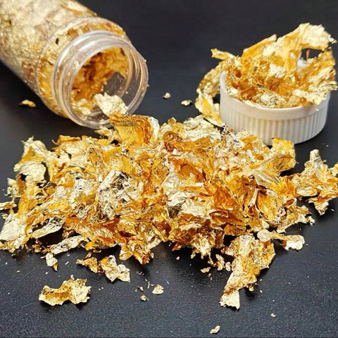 Gold foil flakes close up