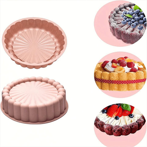 Deluxe Fluted Round Silicone Cake Mold with decorated cakes Munchies Tools