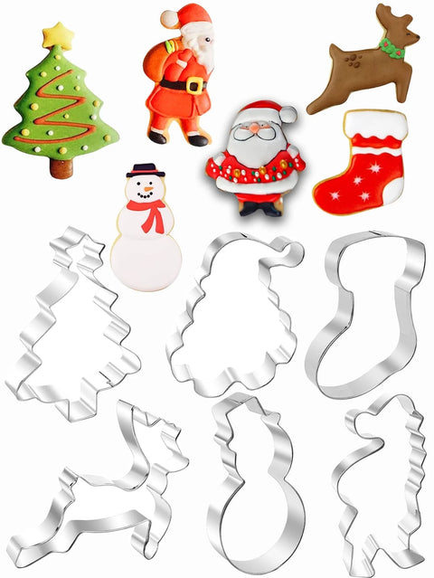 6 Christmas cookie cutters with decorated cookies