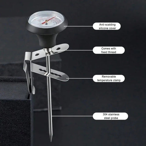 Coffee thermometer features clip silicone cover stainless probe