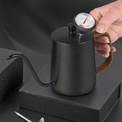 Coffee thermometer on pour-over kettle