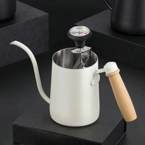 Thermometer on white gooseneck kettle