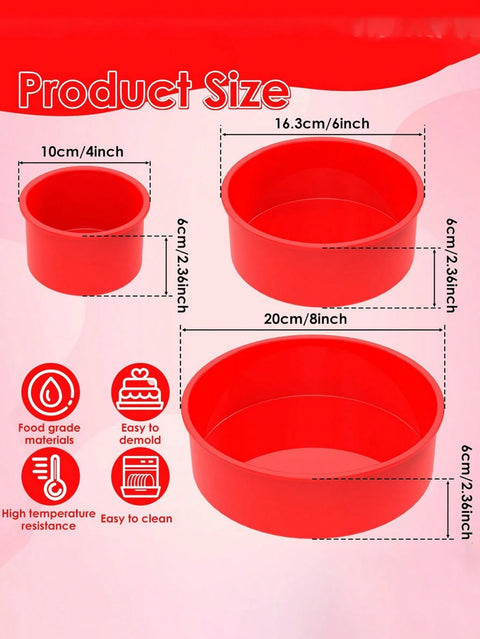3-Piece Foldable Silicone Round Cake Mold Set size chart – 10cm, 16.3cm, 20cm x 6cm Munchies Tools