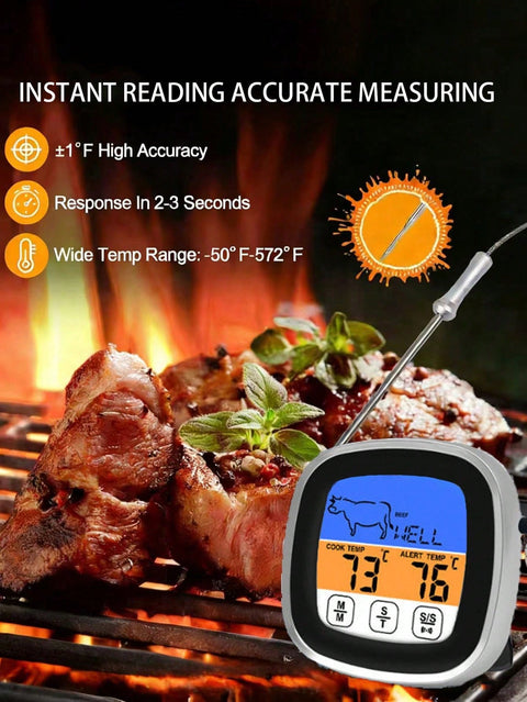 Instant read meat thermometer on grill