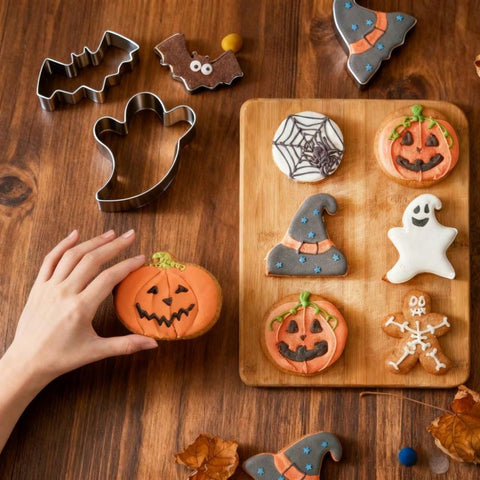 Halloween cookie cutters with cookies