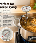 Thermometer clipped to pot while deep frying