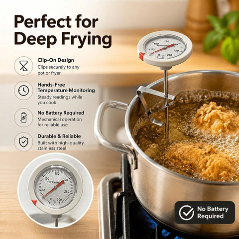 Thermometer clipped to pot while deep frying