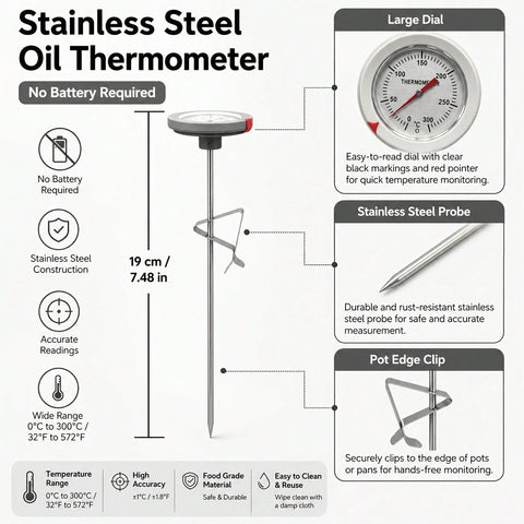 Oil thermometer features stainless steel probe and pot clip