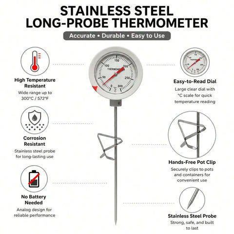 Stainless steel long probe thermometer features