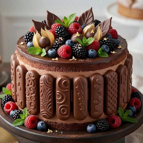 Cake wrapped with textured chocolate bars