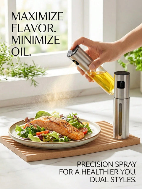 Spraying oil over salmon with stainless steel oil mister