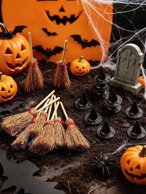 Halloween table with mini hats and brooms