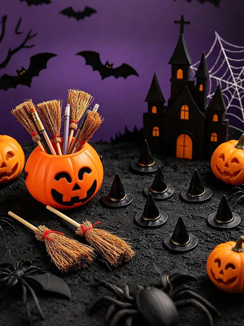 Mini brooms in a pumpkin