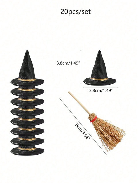 Mini witch hat 3.8 cm and broom 9 cm