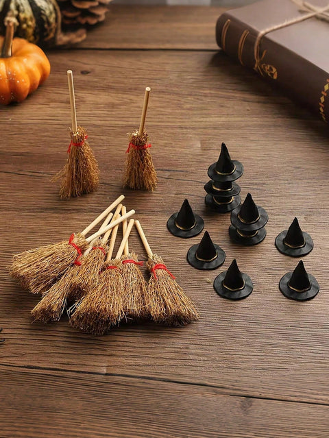 Hats and brooms on wood