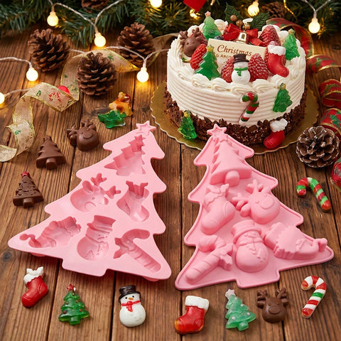 Pink Christmas tree molds with chocolates