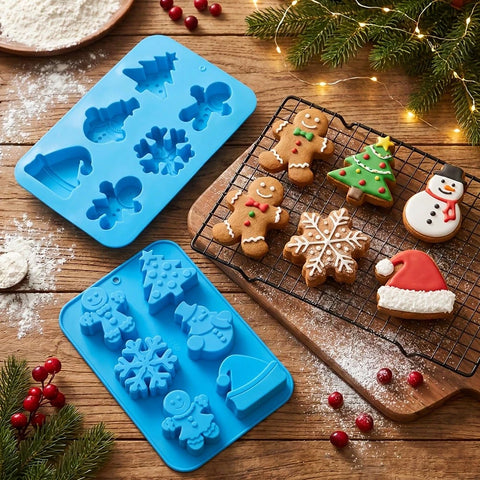 Blue Christmas silicone molds with cookies