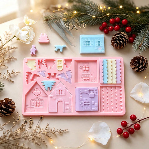 Pink gingerbread house mold with pieces