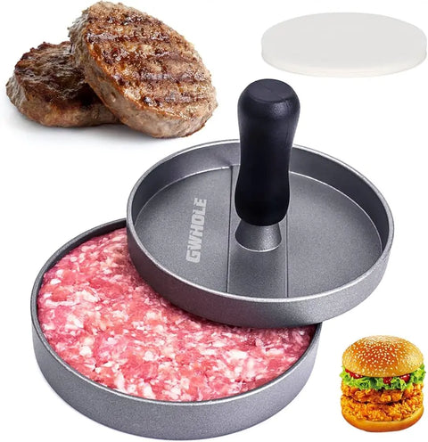 Burger Press Patty Maker Stainless Steel Non-Stick Mold Wood Handle Munchies House