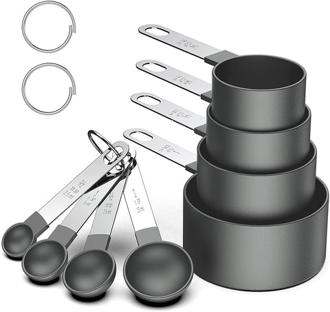 8 Piece Measuring Cups and Spoon Set - Plastic Measuring Cup and Spoon with Stainless Steel Handle, Measuring Tool for Liquids and Solids (Black) - MunchiesHouse