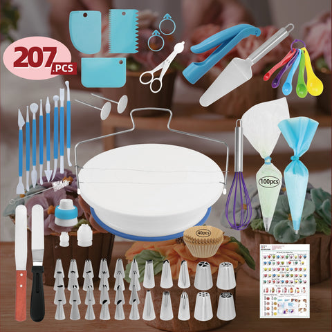 207-Piece Cake Decorating Kit with Turntable, Stainless Steel Icing Tips, and Baking Tools