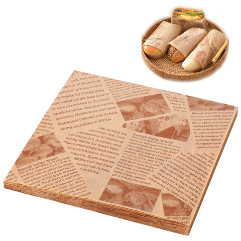 50PCS Food Grade Wrap Paper Baking Greaseproof Paper Sheets,Old Newspaper Printing Style Oil Proof Papers,Food Burger Paper Wrapping Sheet
