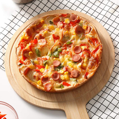 Round Pizza Tray, Wooden Pizza Plate Tray with Handle, Baking Tray Pizza Stone Cutting Board Platter Pizza Cake Bakeware Tools